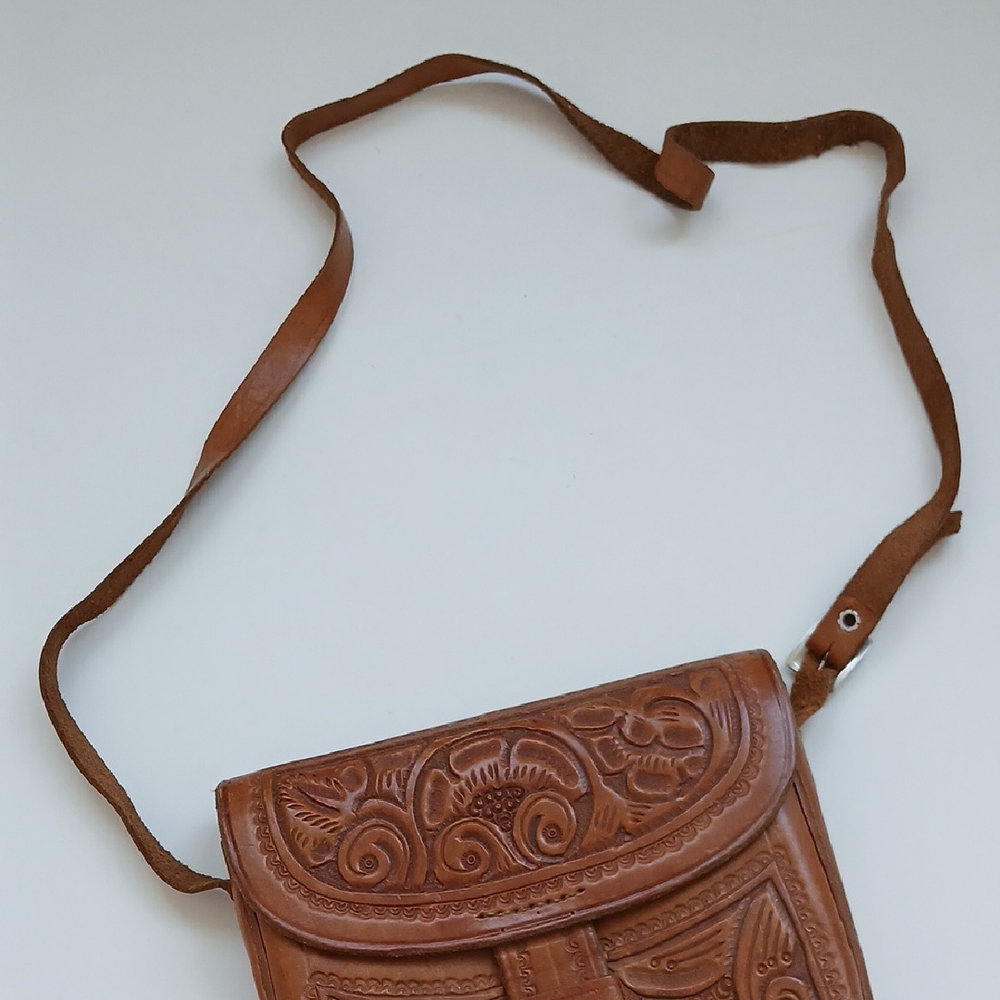 Vintage Tooled Brown Leather Crossbody Shoulder Bag Western Boho - Picture 10 of 16